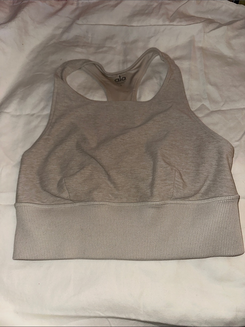 ALO Yoga Ribbed Band High Neck Sports Bra - Taupe